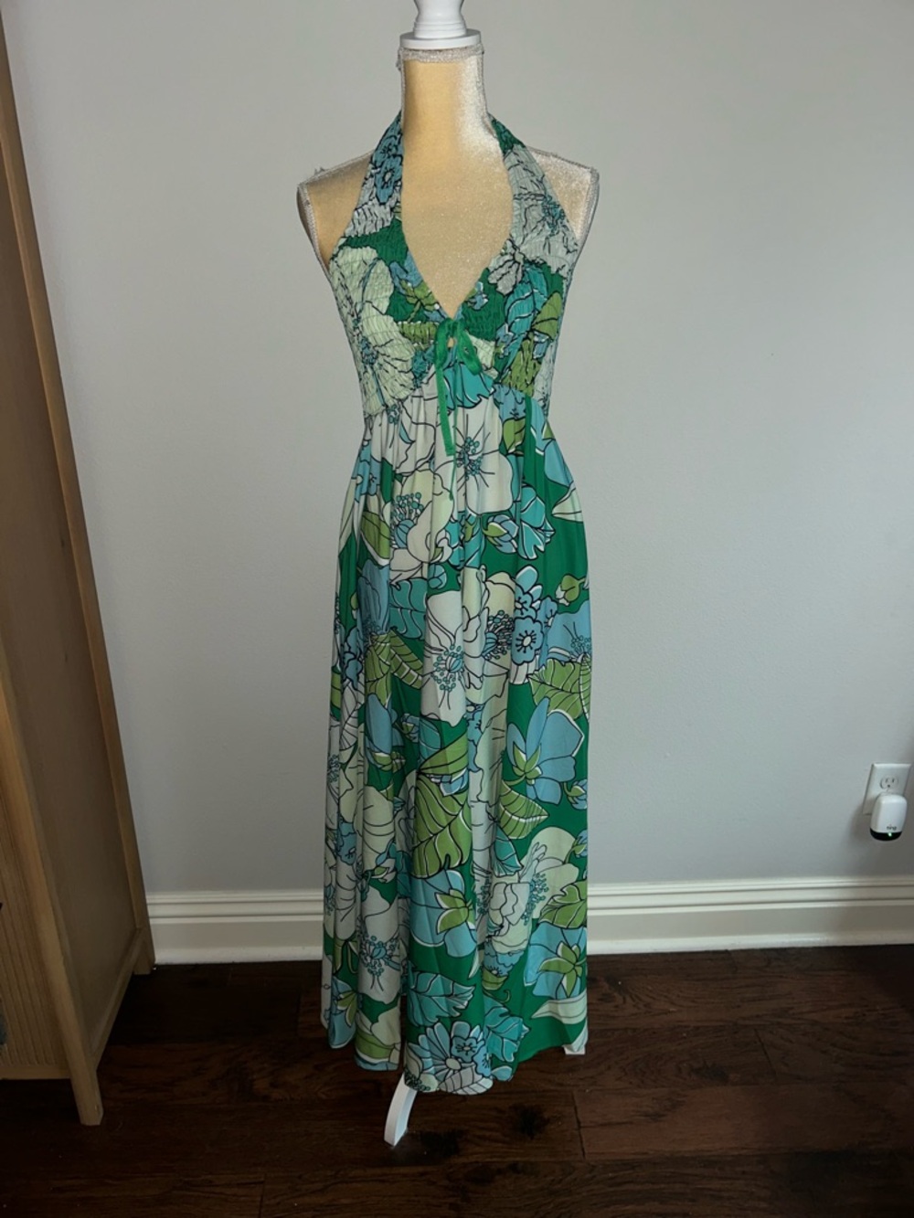 NEW Vintage 70s Style Floral Halter Maxi Dress Green Blue Boho Festival Sz S